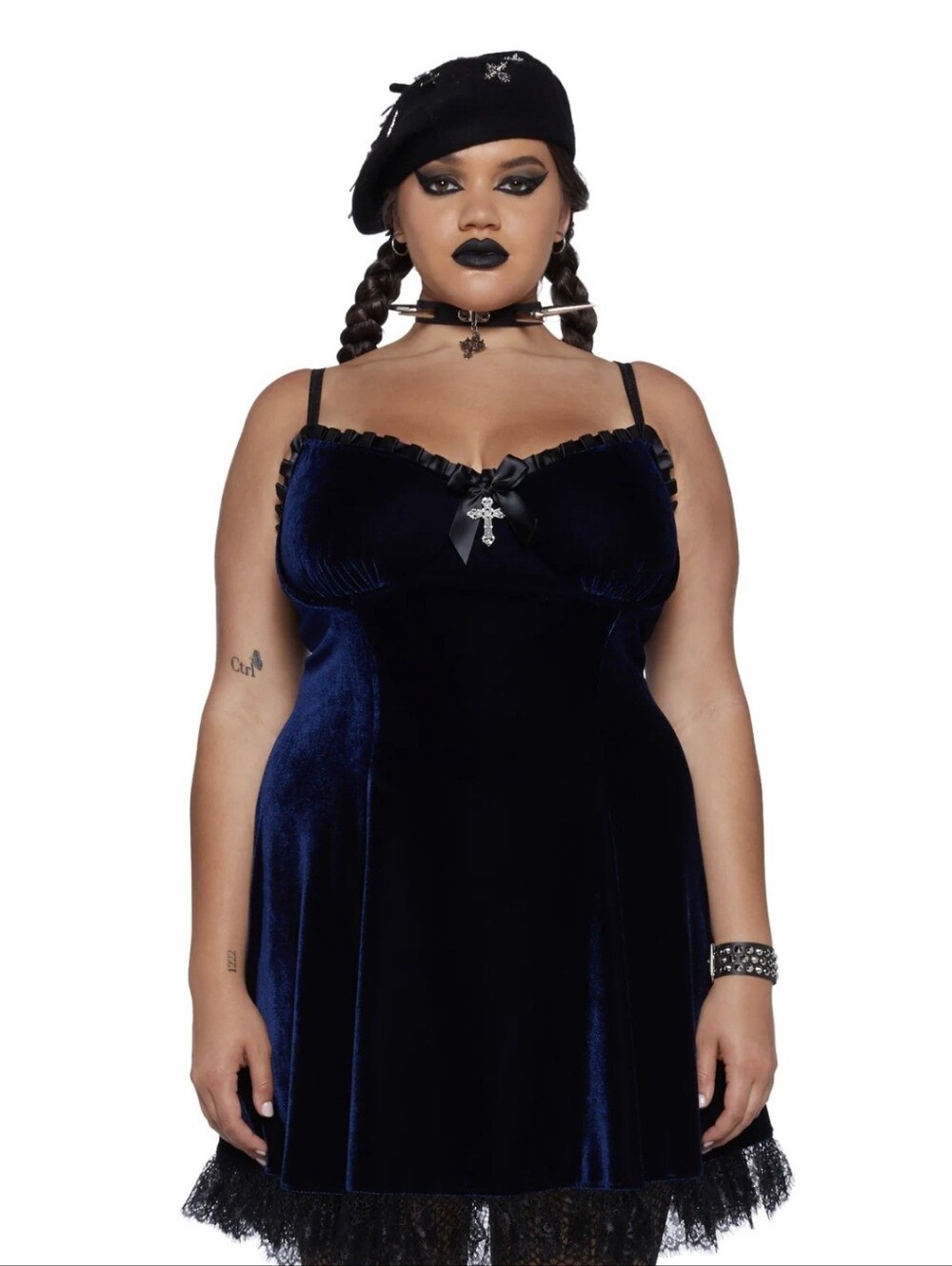 Dolls Kill Navy Velvet Lace-Trim Dress